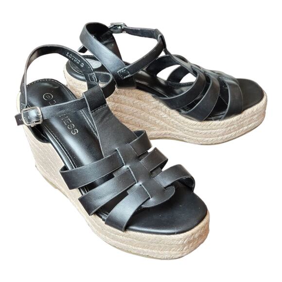 Berness Lotus Platform Espadrille Wedge Sandals Black Leather Women's Size 6 US - Picture 3 of 9